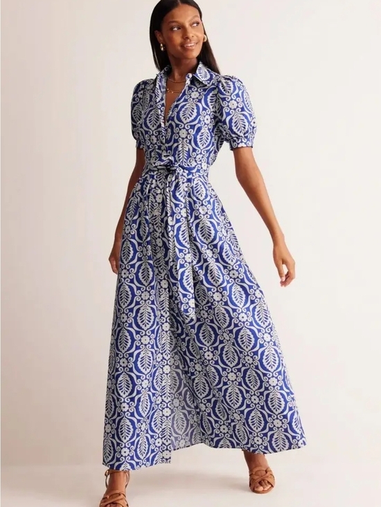 Boden Dresses & Skirts - Boden Blue Printed Short-Sleeve Maxi Dress with Tie Waist - Size 14R